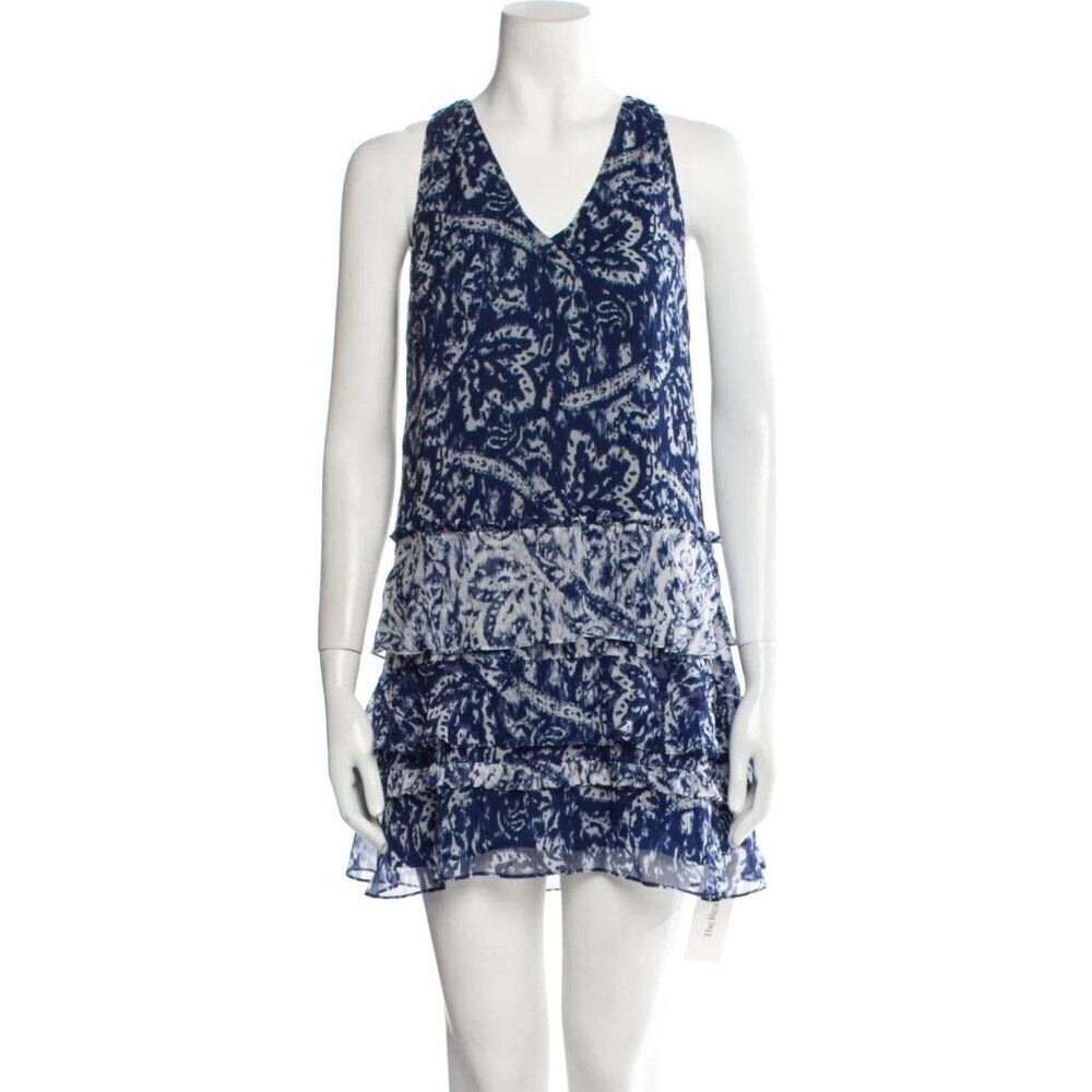 Ramy Brook Blue/White Silk  Ruffle V-Neckline Women's Dress Size Small